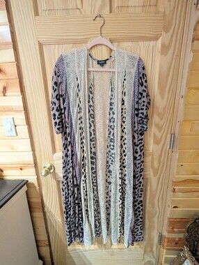 Women's GiGio S Leopard Print Lace-Trimmed Kimono Cardigan in Taupe
